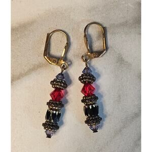 Vintage Retro Ruby Color Bead and Faux Onyx Dangle Lever Back Earrings Gold Tone